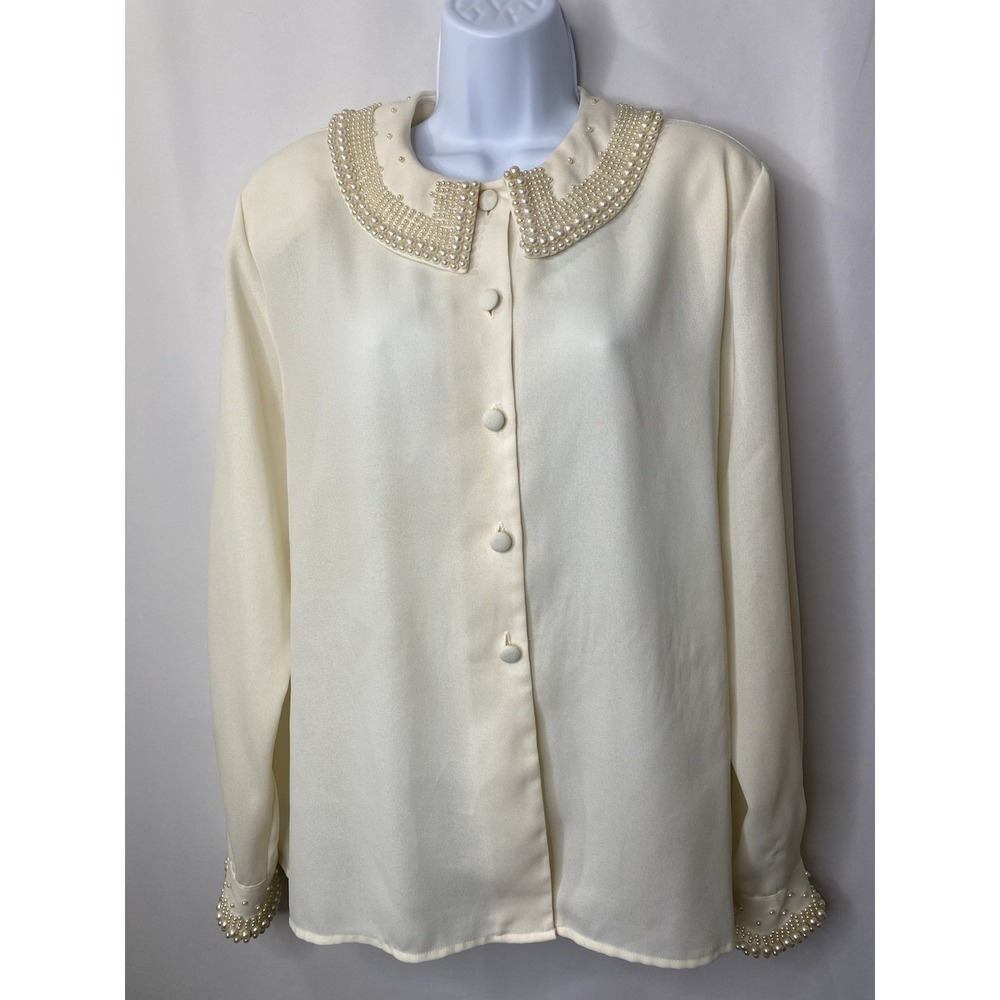 Vintage Worthington Womens Pearl Embellished Shirt Size 14M Victorian Royalcore